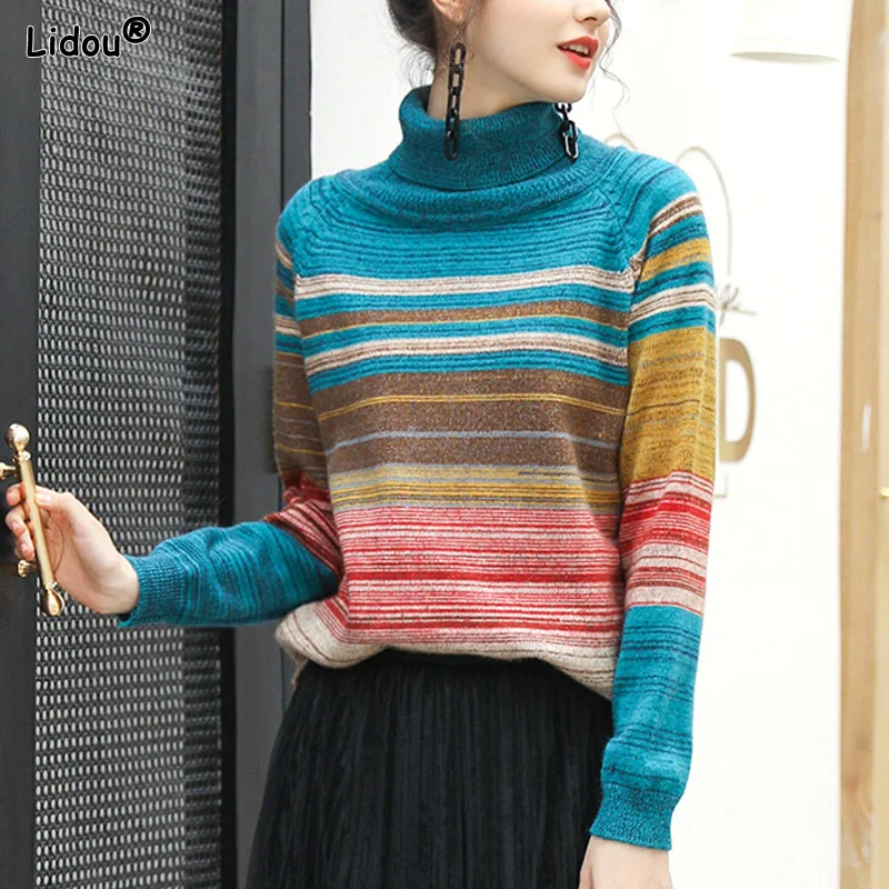 Autumn Winter Thin T-Shirts Rainbow Casual Office Lady Bottoming Loose Pullovers Striped Women's Clothing Straight Turtleneck