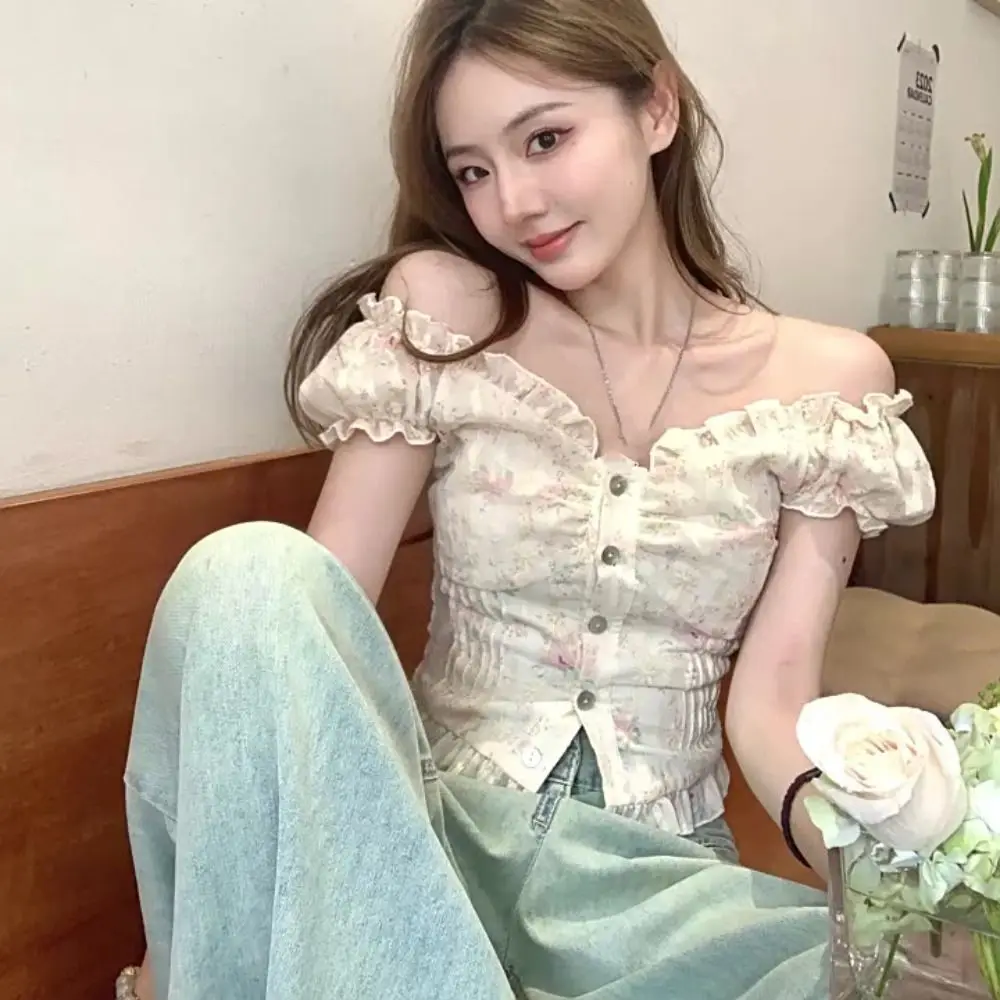 

Fashion Pleated Puff Sleeve Crop Top Off Shoulder Slim Fit Embroidered Floral T-shirt Ruffle Spicy Girl Sweet Top Women Summer
