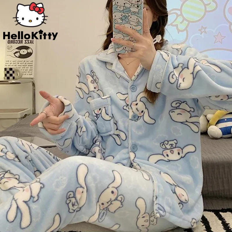 Sanrio Cinnamoroll Hello Kitty Kuromi Melody Women's Pajamas Set Winter Coral Plush Thicken Y2k Cute Cartoon Fuzzy Home Set