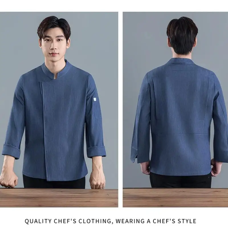 Solid Color Chef Workwear Men's Long Sleeved Embroidery Hotel Catering Kitchen Baking Chef Uniform Jacket Printed Logo