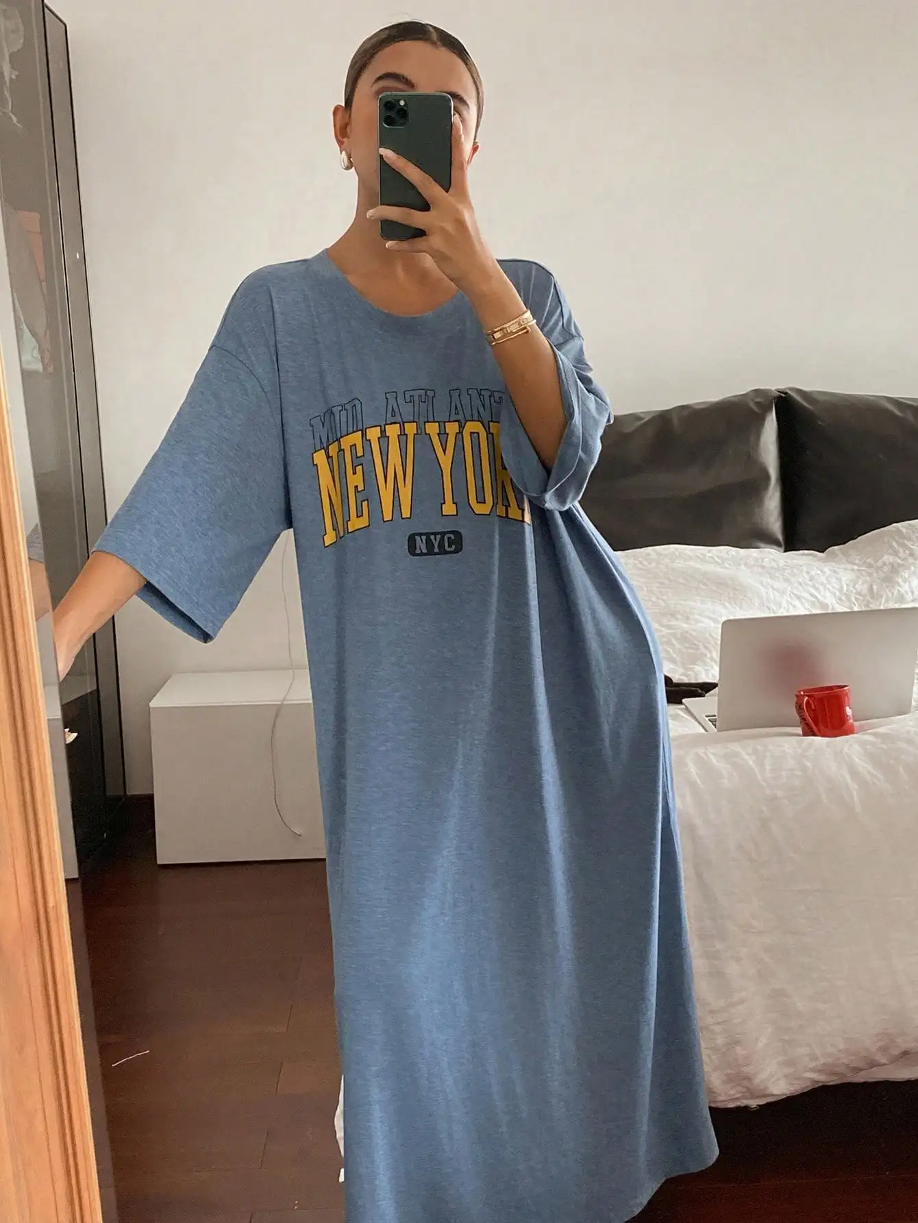 

Loose Long Letter Print Nightgown Dress for Women, Cozy Fall Winter Pajama Outfit