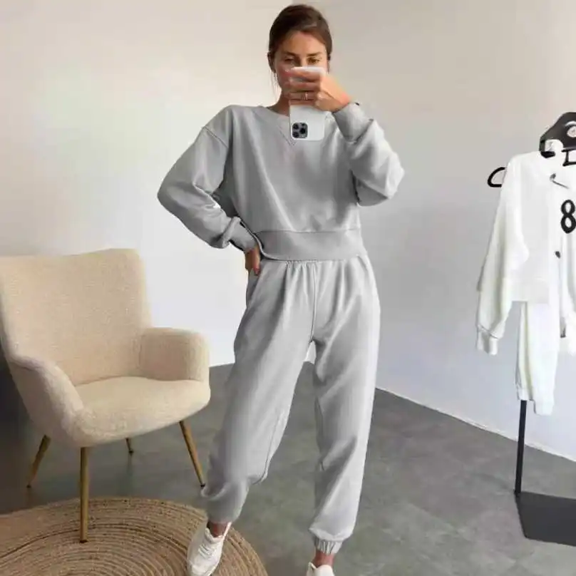 

Fashionable Pure Color Long Sleeve Casual Two-Piece Set Women's Spring Autumn Wear Comfortable Cotton Polyester Blend