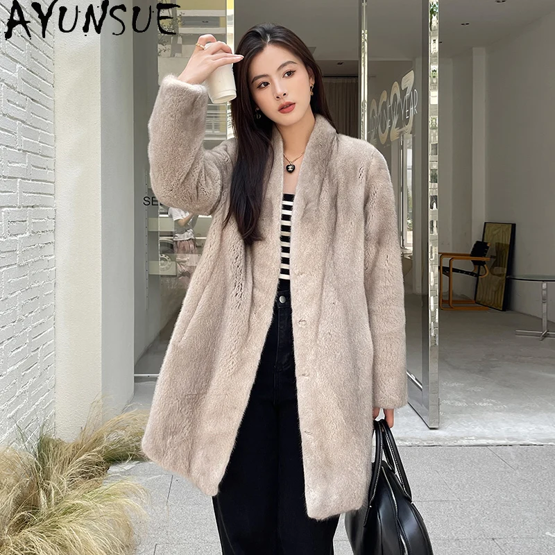 AYUNSUE 2025 معطف فرو حقيقي من المينك بالكامل لخريف وشتاء المرأة متوسطة الطول ورقبة على شكل حرف v معطف فرو منك طبيعي ملابس نسائية شوبانا Жénarska