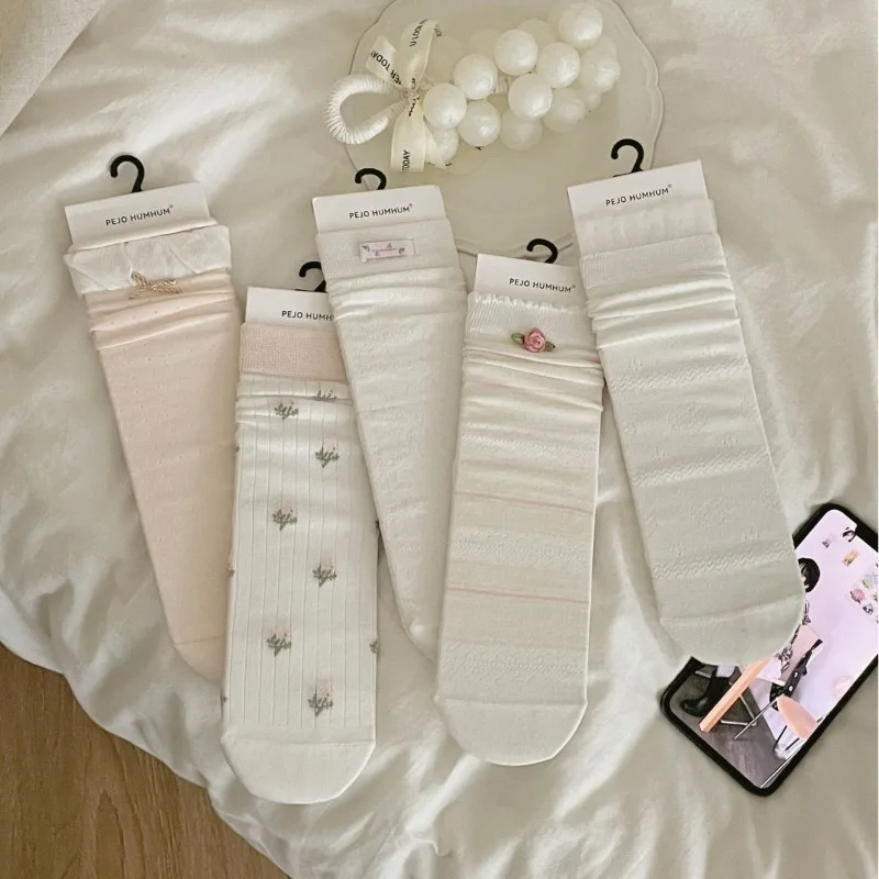 Women Sweet Floral Ruffle Mid Calf Socks Breathable Soft Cotton Stackable Socks Daily Match Mary Janes Skirt Casual Wear