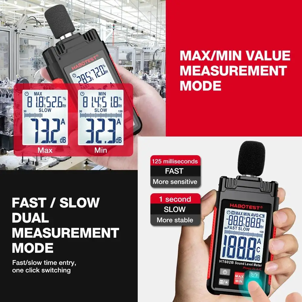 HABOTEST HT602A Schallpegelmesser Digitales Hand-DB-Messgerät HT602B Lärm-Audio-Pegelmesser 30-130 dB Dezibel Mini-Schallmessgerät – Detail 9