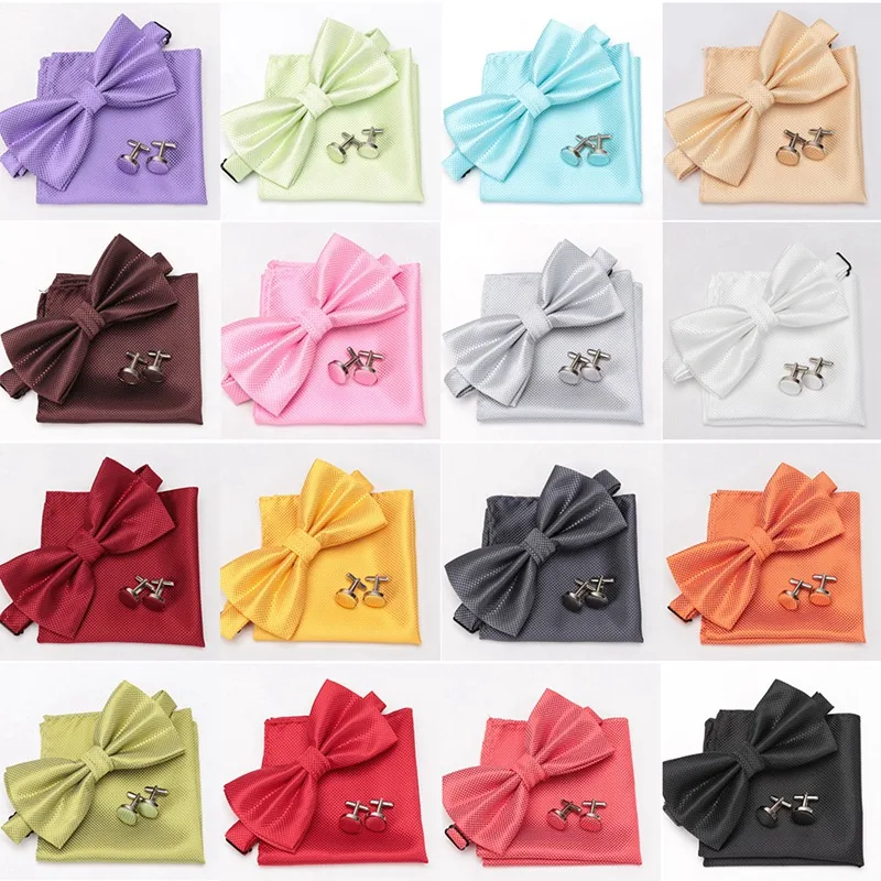 Multicolor Bowtie Pocket Square Cufflinks Sets Classic Solid Color  Bowtie Wedding Party Formal Gift Plaids Adjust Neck Bow Tie