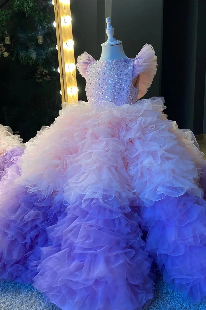 Ombre Princess Flower Girl Dresses Customized Beaded Ruffles Jewel Neck Gilrs Pageant Dress Little Kids First Communion Dress