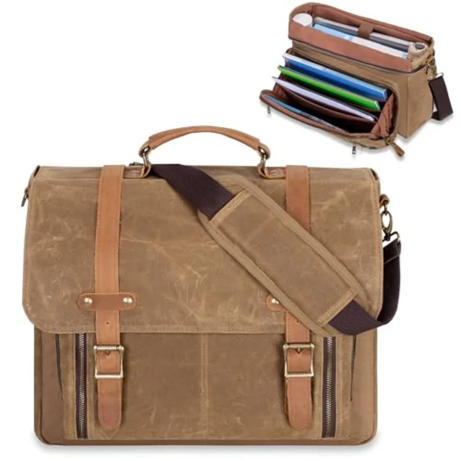 

YARWO Mens Messenger Bag with Accordion File Folder Vintage Leather Waxed Canvas Briefcase Fits 17 inch Laptop Waterproof Cross