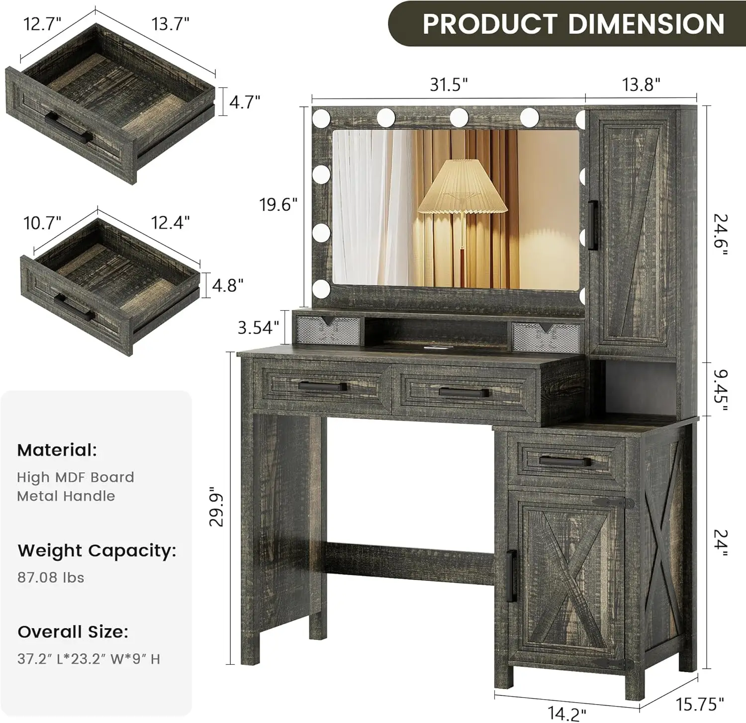 Bedroom/Cloakroom Makeup Vanity Desk, Dark Oak Wood, 11 Hollywood Bulbs, Charging Station, Drawers, Shelves
