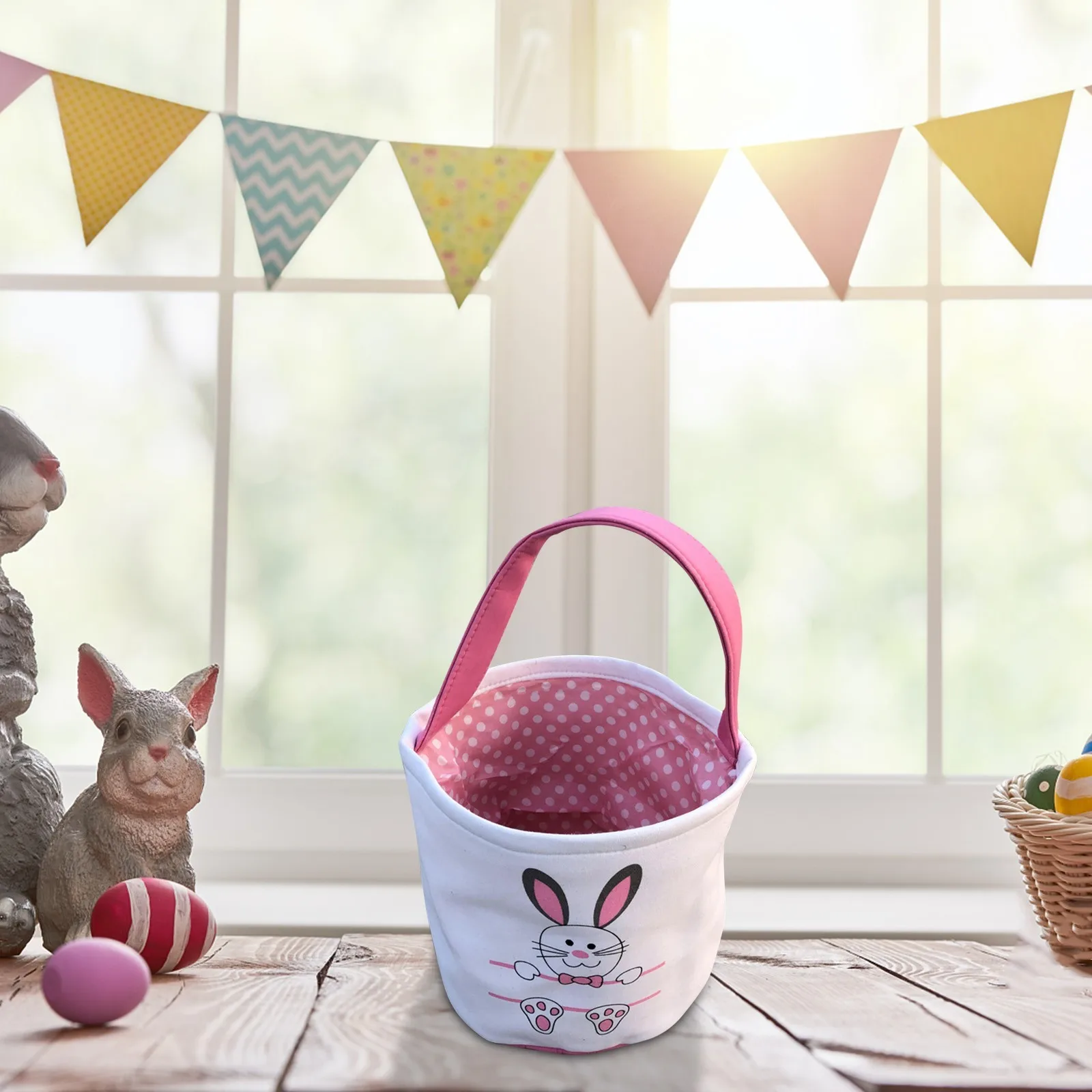 Easter Bunny Basket Bag for Kids, Canvas Cotton Personalized Egg Basket Hunt Bag Rabbit Print Bucket for Easter Eggs Candy Gift