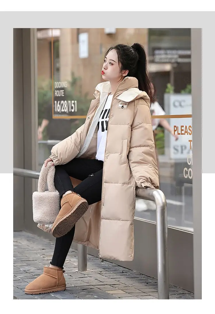 Long Hooded Puffer Coat Women Contrast Collar Warm Quilted Parka Zip‑Up Loose Windproof Winter Outerwear Ladies Padded Jacket