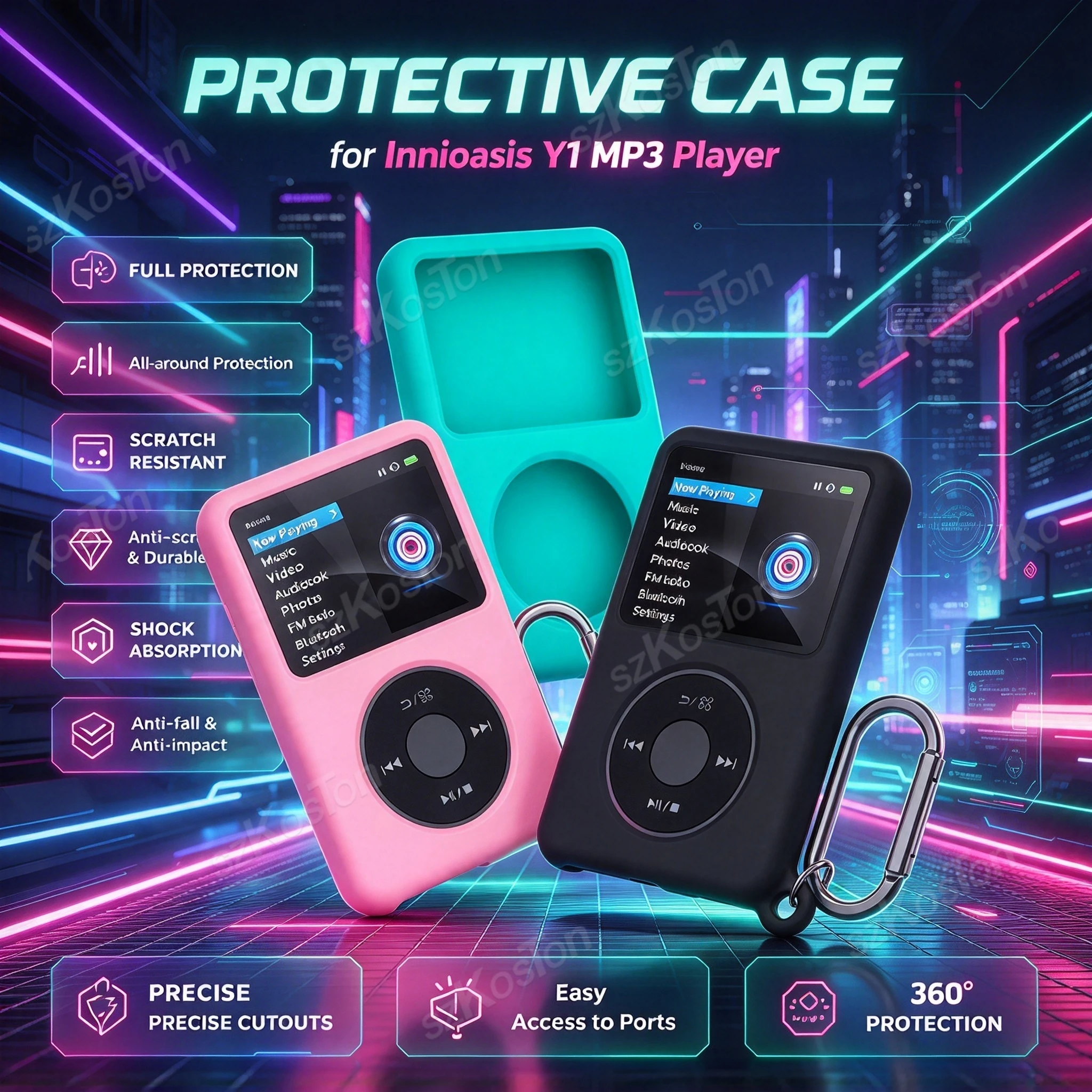 For Innioasis Y1 MP3 Player Silicone Protective Case Anti-Scratch Shockproof for Y1 MP3 Protection Cover Shell with Keychain