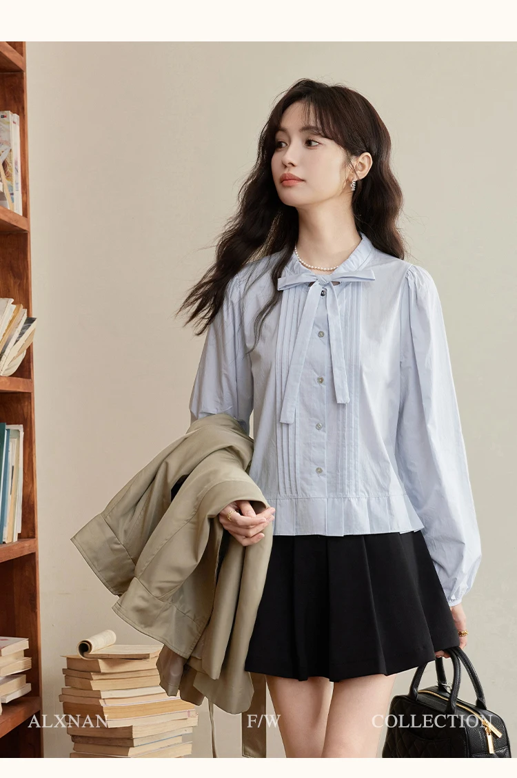 ALXNAN Camicia Blu Donna Autunno Arco Pieghettato Volant Camicia a maniche lunghe Office Lady Casual Moda Elegante Camicette femminili L50602
