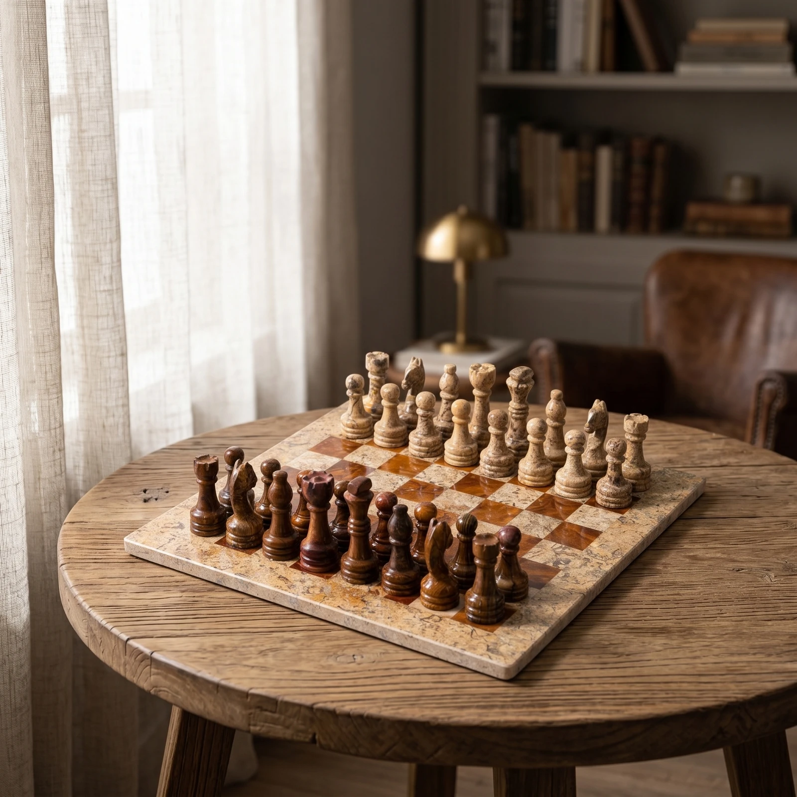 Chess Ornament with Chessboard Base Square Stone Chess Ornament Tabletop Sculpture Compact Decor Matte for Collectors, Study