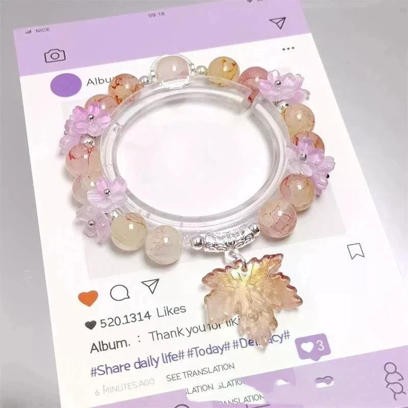 Beaded Bracelet Crystal Leaf Charm Good Luck Blessing Daily Wear Graduation Gift No Break Lucky Wish