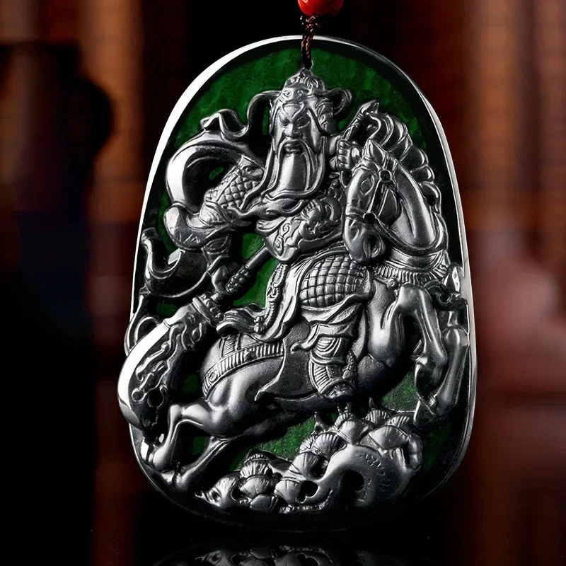 

Бирманский нефритовый кулон Guan Yu, мужские драгоценные камни, драгоценный камень, резное ювелирное изделие, настоящее ожерелье, изумруд, черный натуральный талисман, Jadeite подвески