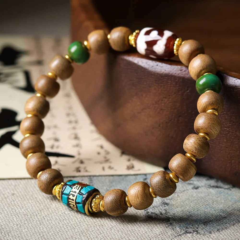 

Yellow Agarwood Bead Bracelet with Red Heartwood Three-Eyed Tianzu Beads Nepalese Handmade Bracelet for Women