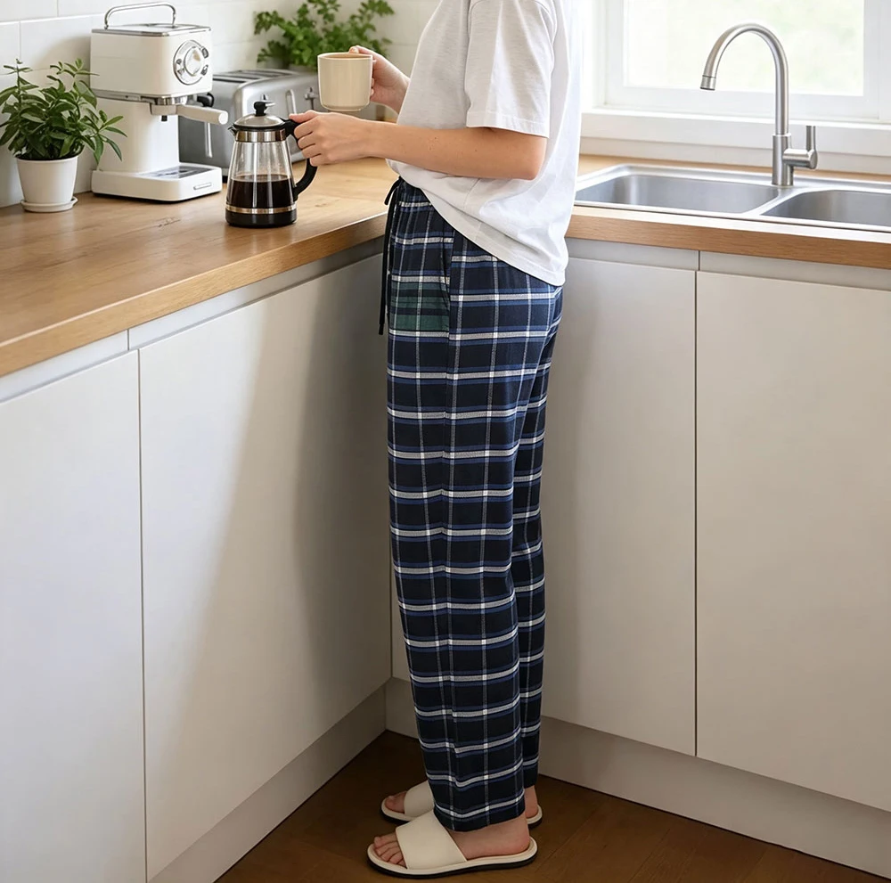 Ladies' Relaxed Checked Trousers Elastic Waist Loose Straight Leg Breathable Soft Plaid Lounge Pants Comfy Home Pyjama Nightwear