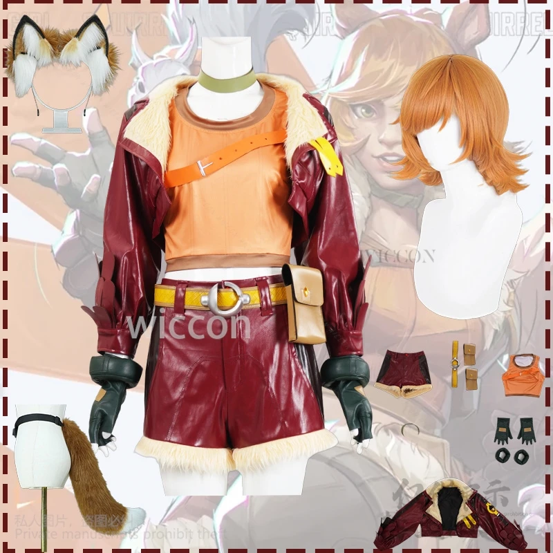 

Game Rivals Cosplay Squirrel Girl Anime Costume Red PU Coat Shorts Furry Earwear Tail Cute Lovely Uniform Wigs Kawaii Customized