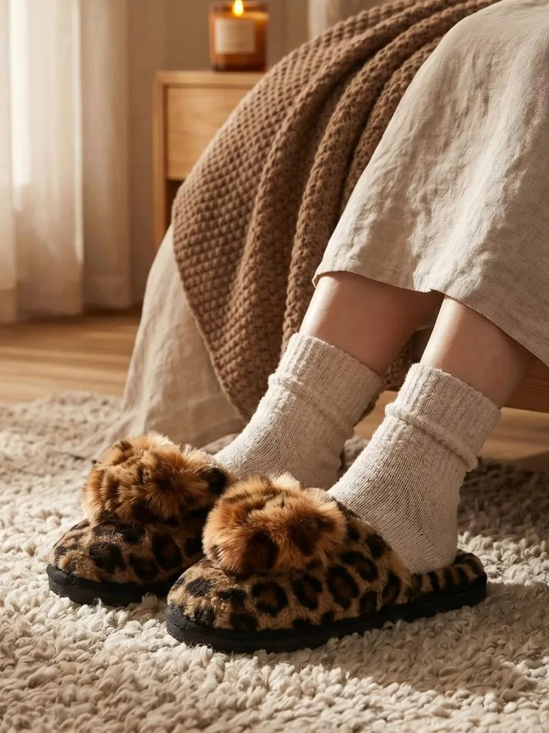 Leopardfarbene, flauschige Hausschuhe für Damen, Winter-Hausschuhe, warm, plüschig, süß, im Liebesstil, große Größen, Mädchen-Hausschuhe aus Baumwolle. – Detail 5