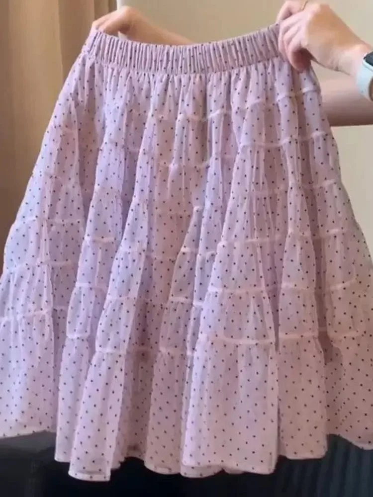 

Korean Style High Waist Polka Dot Mesh Half Skirt Women's Summer New Cake Skirt Slimming Midi Skirt Pink Color Commute