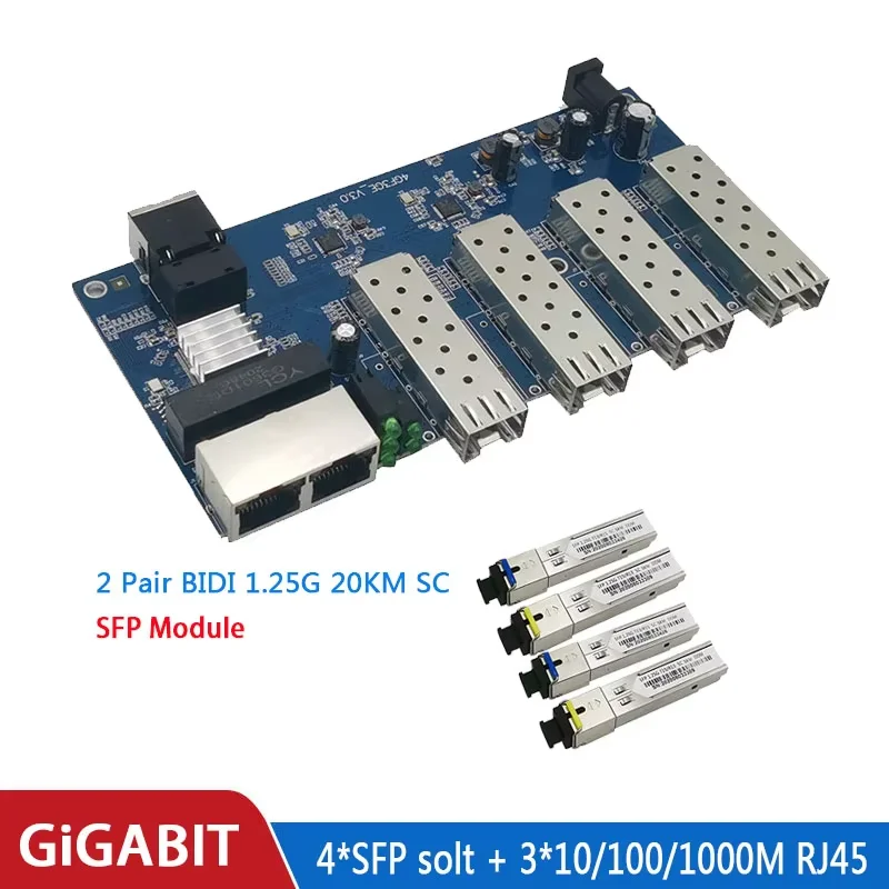 

Gigabit Ethernet Switch Fiber switch Industrial Grade 4 sfp Fiber Port 3 RJ45 10/100/1000M PCB board 4F3E media converter