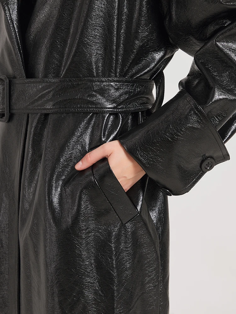 Lautaro Spring Autumn Oversized Extra Long Black Shiny Reflective Patent Leather Trench Coat for Women Belt Maxi Overcoat 2024