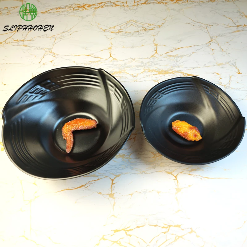 9.5/11.5 Inch Black Round Imitation Porcelain Lamian Noodles Bowl A5 Melamine Restaurant Tableware