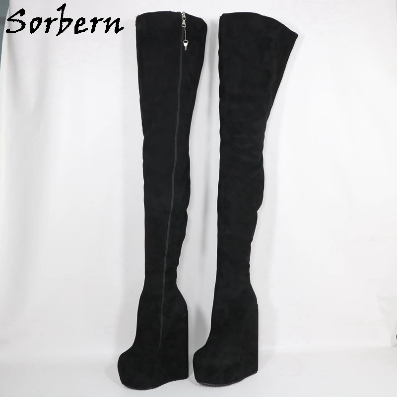 Sorbern Thick Plush For Winter Boots Crotch Thigh High 22Cm Wedge High Heels Lockable Zipper Hidden Platform Custom Leg Size