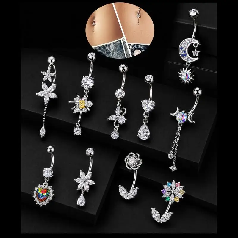 Stainless Steel Flower Pendant Belly Button Ring Shiny Zircon Inlaid Navel Jewelry for Girlfriend Anniversary Gift