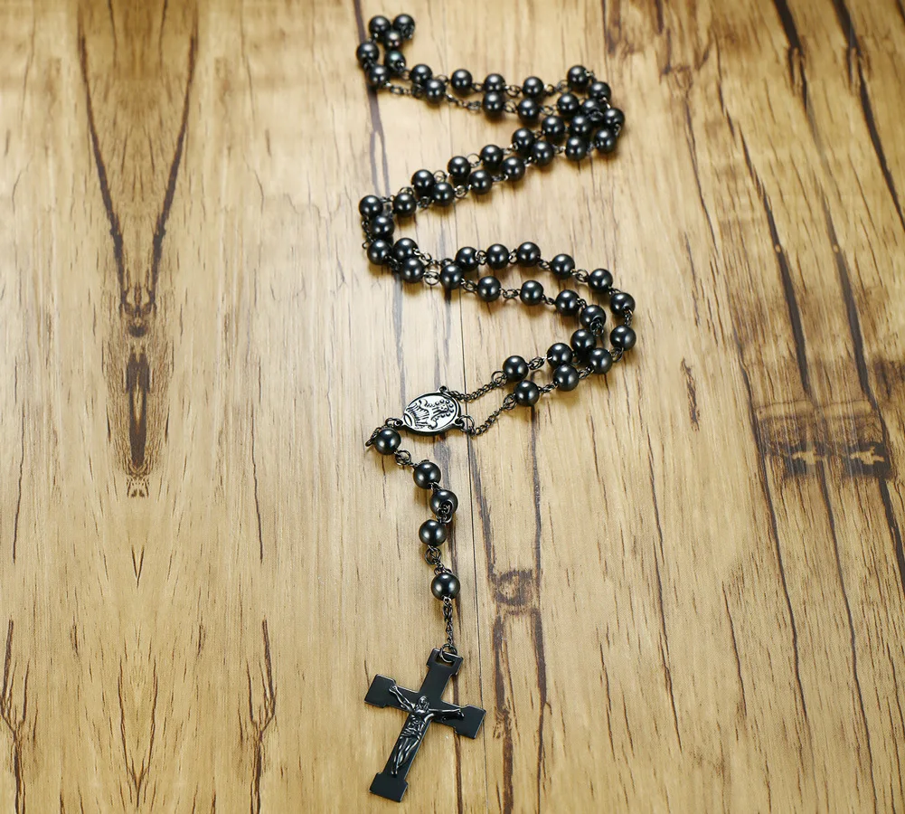 Mens Heavy Rosary Necklace Stainless Steel 8mm Ball Beads Chain Religious Cross Pendant 30inch Fashion Jewelry