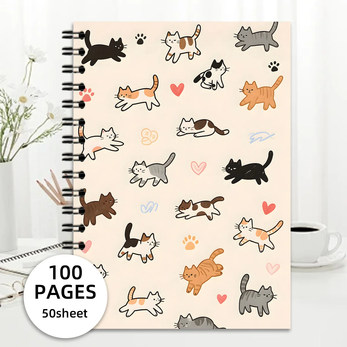 Multi Kitten Pattern Spiral Notebook 100 Pages Cartoon Cat Paw And Heart Print Journal Planner School Office Stationery Gift