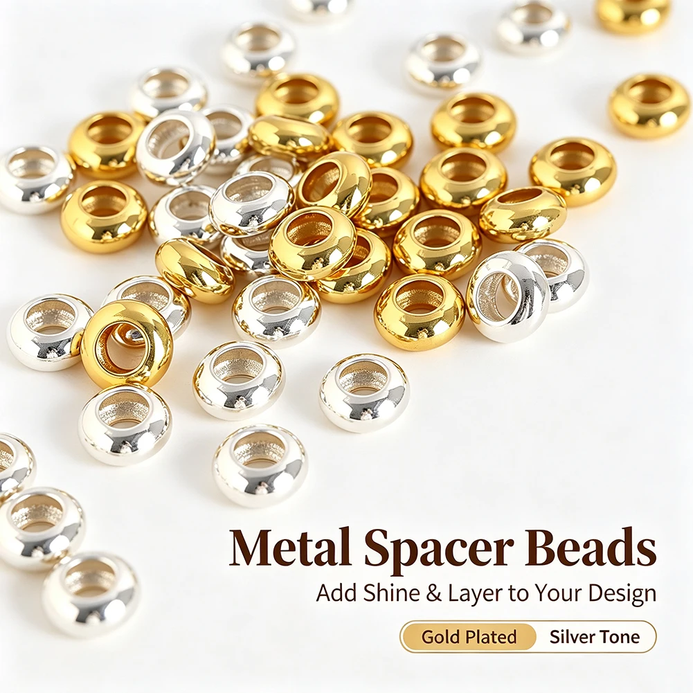 Gold Plated Tone Metal Rondelle Hole Loose Spacer Beads Bulk for Jewelry Making DIY Bracelet Necklace Handcraft Accessories