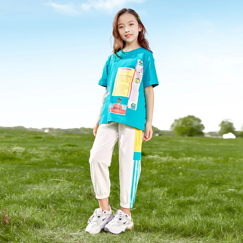 JUCPKID 2024 Korean Summer Junior Girl Tracksuit Teenager Girl Contrast Printed Casual T-shirt+Sport Pants Set For Girls 4-12Yrs