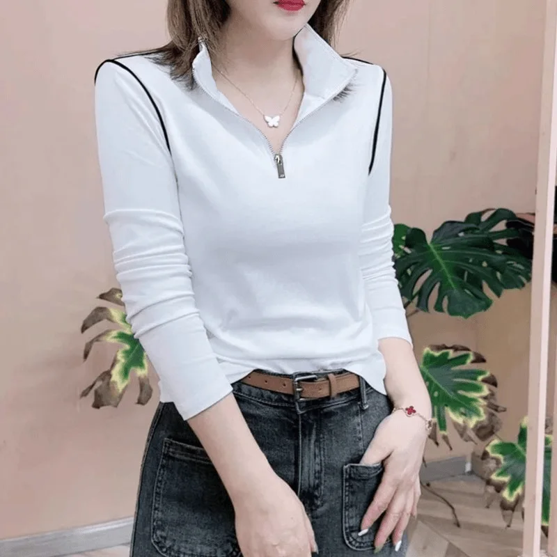 Spring Autumn Half Zipper Long Sleeve Stand Collar Women's T-shirt Slimming Base Layer Simple Style Inner Wear Casual Top