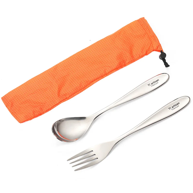 Tiartisan Titanium Ultra-light Durable Portable Sandblasting Fork Polished Spoon Cutlery Tableware Set for Camping Backpacking
