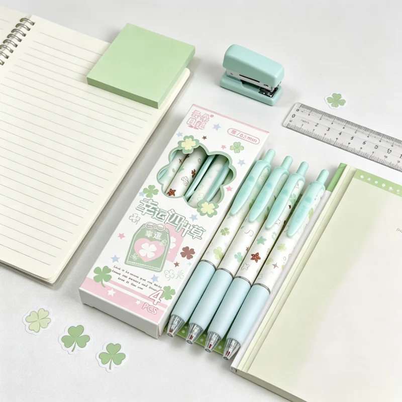 Lucky Four‑Leaf Clover Retractable Gel Pen 0.5mm Black ST Tip Ins Style 4Pcs Set Cute Gel Ink Pens For Student Exam Office Writi