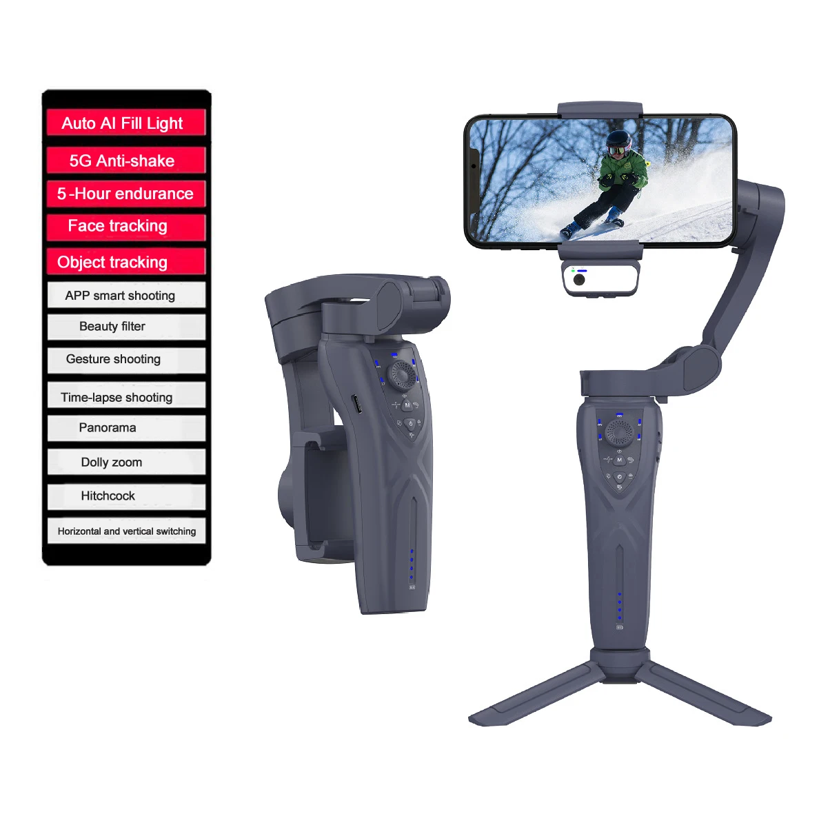 3-Axis Handheld Gimbal Stabilizer for SmartPhone AI Face Tracking Fill Light Anti-shake Shooting Folding Tripod Selfie Stick