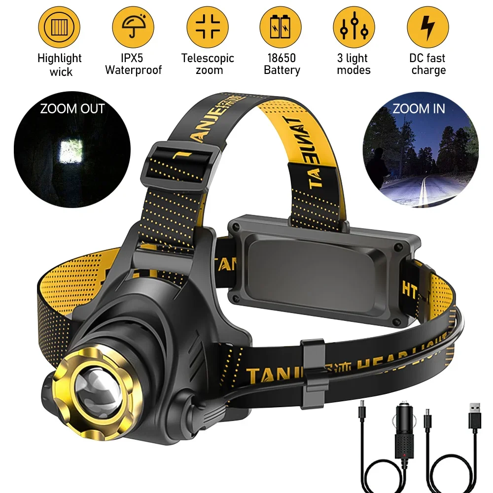 New Headlamp USB Rechargeable Powerful Batteries Headlight Camping Search Light  Flashlight 90° Adjustable  Strap Lamp