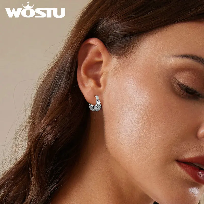 WOSTU 925 Sterling Silver Vintage hollowed Out Wedding Hoop Earrings For Women Retro flower Pattern Earring  Brincos Party Gift