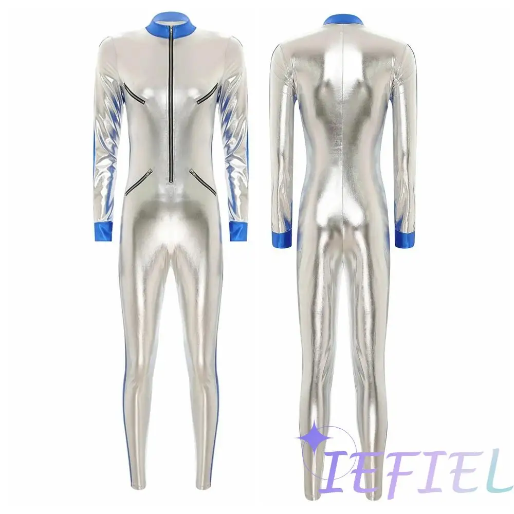 Wome Spaceman Rompers Sexy Bodycon Bodysuit Full Long Jumpsuit Astronaut Role Play Rave Catsuit Nightclub Disco Party Pole Dance