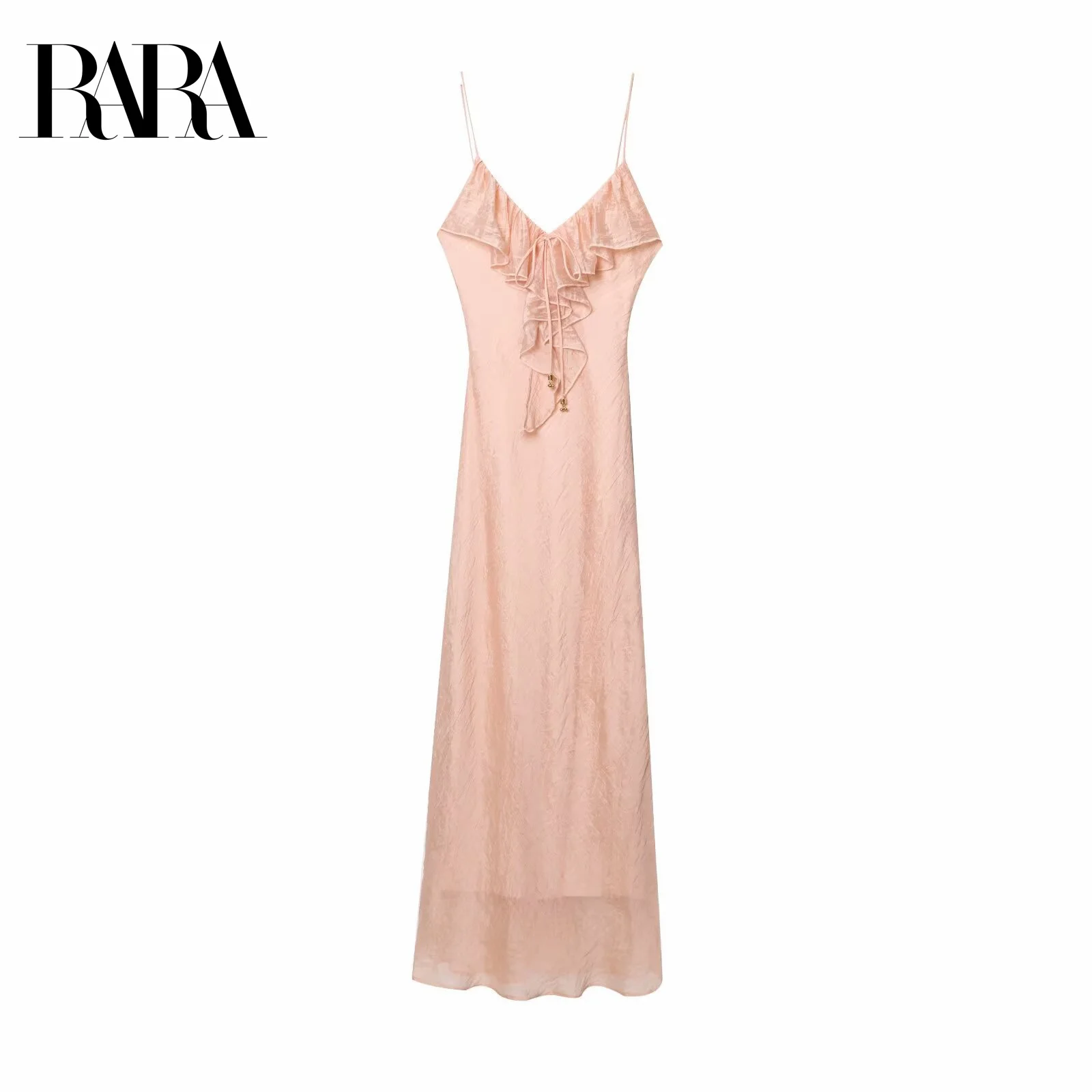 

RARA Ladies Layered Ruffled Decorated V Neck Chiffon Spaghetti Strap Straight Midi Dress Stylish Feminine Fashionable Garment