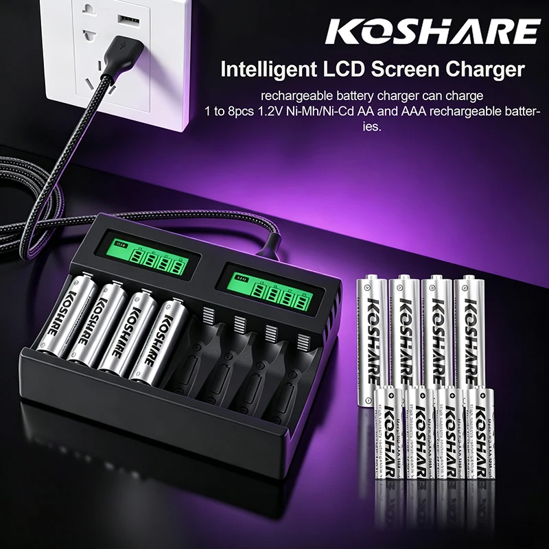 KOSHARE AA&AAA 1.2V Rechargeable Ni-MH Batteries 2800mAh 1000mAh Charging Set With 8 Slot LCD Screen Intelligent Battery Charger