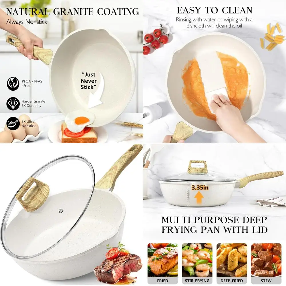 

Антипригарная глубокая сковорода для жарки - 11-дюймовая сковорода-сотейник с крышкой, гранитная индукционная посуда, 4,5-литровая антипригарная сковорода-вок, POA POS APE