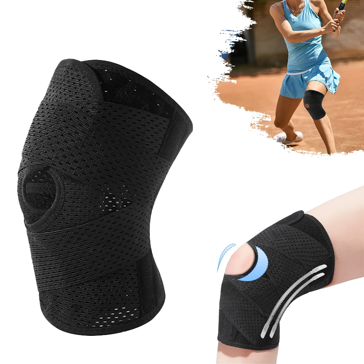 Verstellbare Kniebandage mit Klettverschluss für Sport - Springseil - Laufen, Tennis, Rutschfest und Druckverstärkend