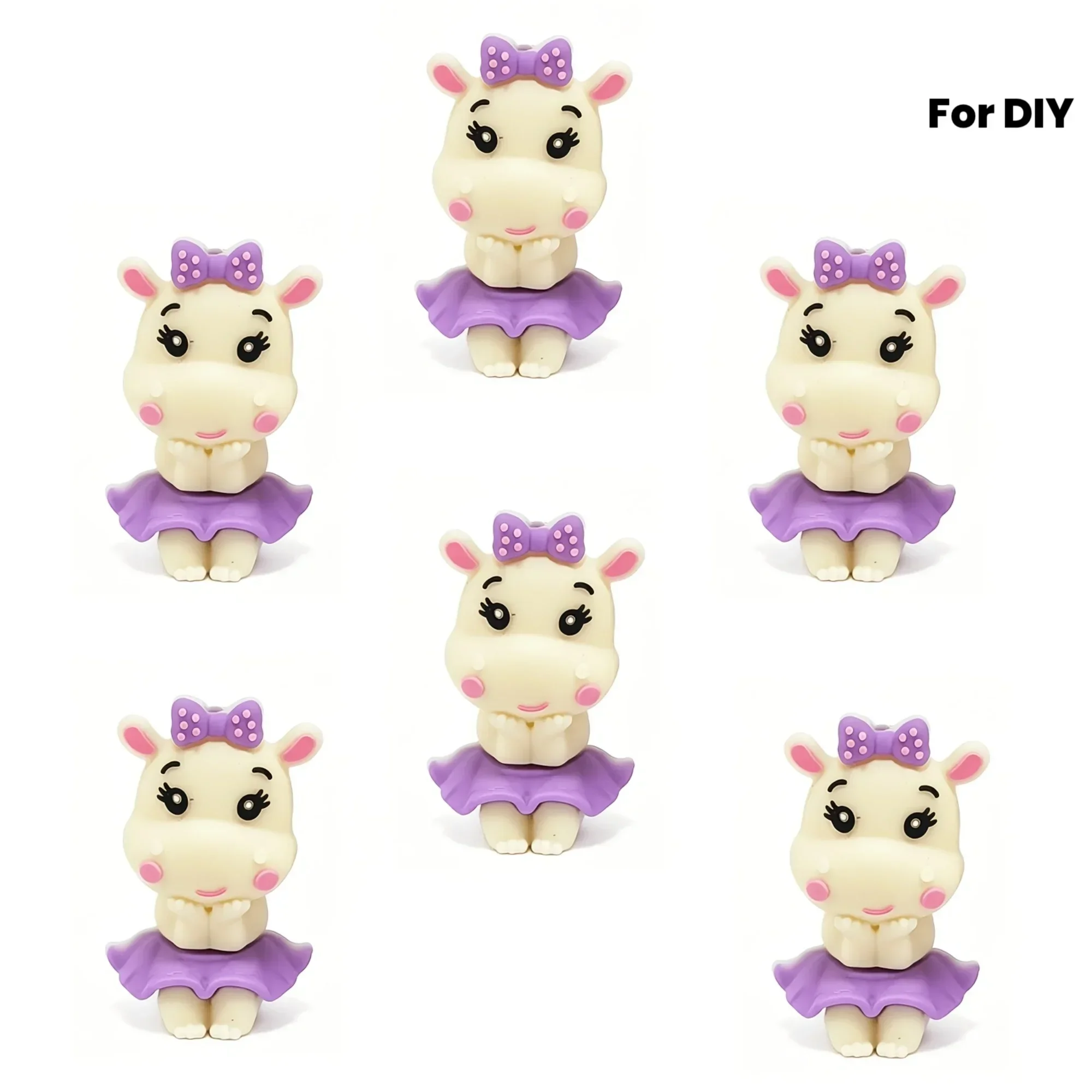 6Pcs Cartoon Hippo Silicone Beads with Purple Bow Skirt, 3D Animal Beads for DIY Beaded Pen Bracelet Necklace Gifts