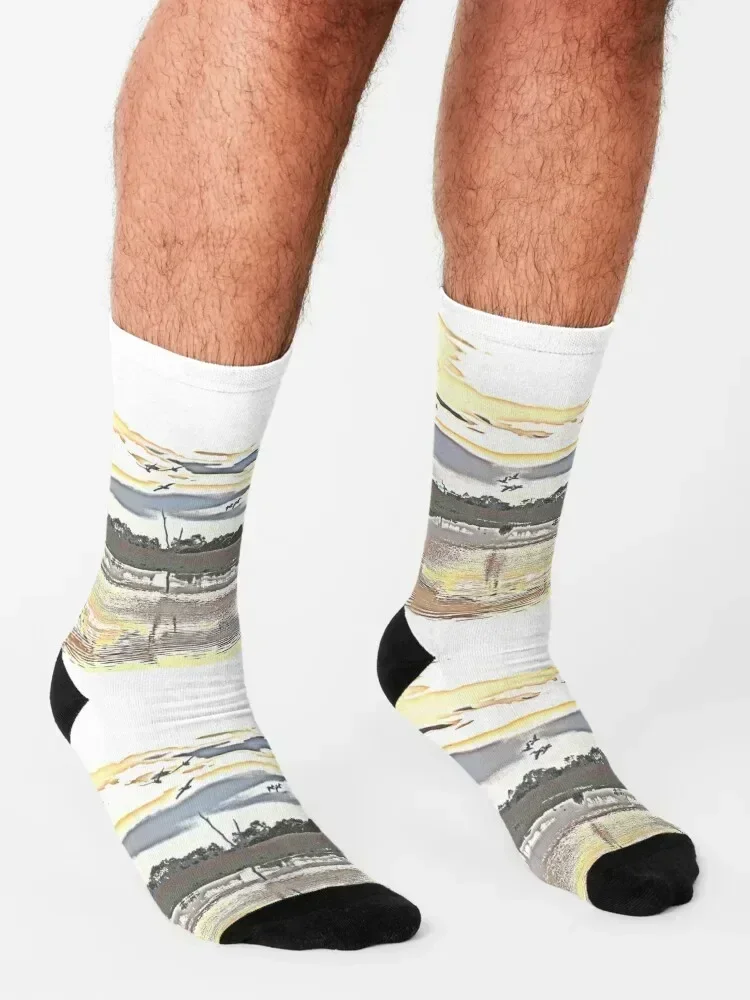 Pelicans at sunset - mixed media 1 Socks floor luxury designer Crossfit Socks Girl Men's