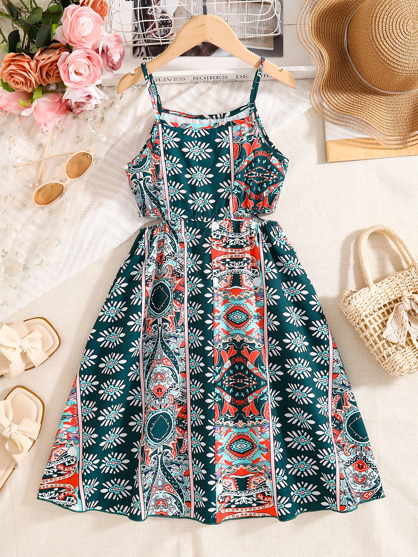 1-Piece Girls' Spring and Summer Casual A-Line Dress, Older Girls' Bohemian Style Printed Strapless Off-Shoulder Dress, Girls' Everyday Casual Comfortable Soft Breathable Clothing, Young Girls' Stylish Elegant Playful Children's Wear, Suitable for Outdoor, Casual, Parties, and Holiday Gatherings
