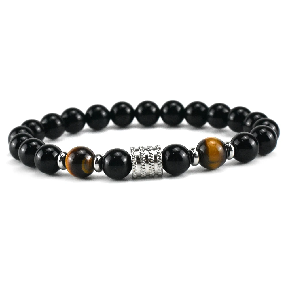 8mm Natural Black Obsidian Tiger Eye Beads Bracelets For Men Women Stainless Steel Bracelet Couple Jewelry Gift Pulsera Hombre