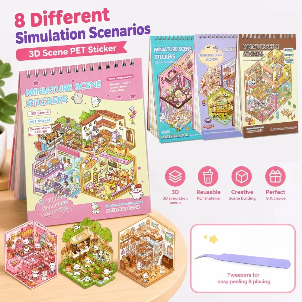 3D Scenes Stickers Book DIY Mini Room Visual Stacking Cartoonr Stickers Creative Kids Decorating Scrapbooking Accessories